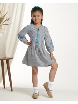 Miyo - Girls Stripes Embroidered Fit and Flare Dress