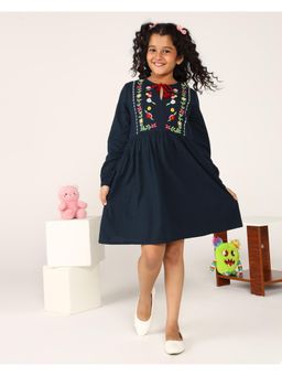Miyo - Girls Tassel Tie-Up Floral Embroidered Fit and Flare Dress