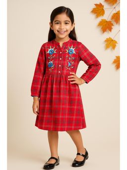 Miyo - Girls Checks Embroidered Fit and Flare Dress