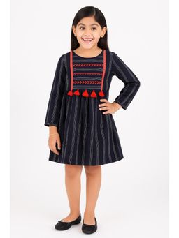 Miyo - Girls Embroidered Tassel Detail Stripes Dress