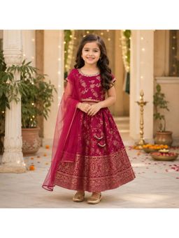 The Magic Wand - Pink Jacquard Woven Floral Printed Laced Lehenga & Choli with Dupatta