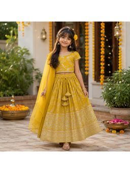 The Magic Wand - Yellow Jacquard Woven Floral Printed Laced Lehenga & Choli with Dupatta