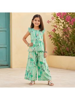 The Magic Wand - Sea Green Cotton Woven Ruffle Sleeves Floral Printed Laced Top & Palazzo