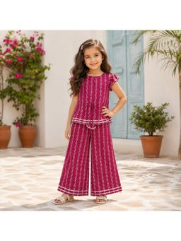 The Magic Wand - Dark Pink Cotton Ruffle Sleeves Ikat Print Laced Top & Palazzo