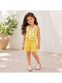 The Magic Wand - Yellow Cotton Woven Sleeveless Floral Printed Shirt & Shorts