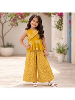 The Magic Wand - Yellow Woven Sleeveless Floral Printed Ruffle Top & Palazzo