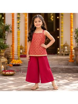The Magic Wand - Maroon Brocade Woven Strappy Floral Printed Laced Kurti & Palazzo