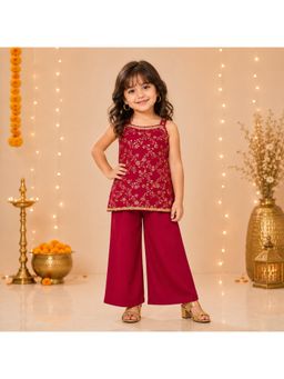 The Magic Wand - Maroon Brocade Woven Strappy Floral Jaal Printed Laced Kurti & Palazzo