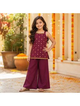 The Magic Wand - Wine Brocade Woven Strappy Buti Printed Laced Kurti and Palazzo