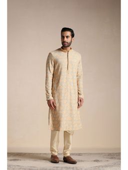 Manyavar - Beige Blended Cotton Printed Kurta with Pencil Pajama (Set of 2)