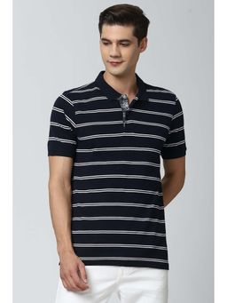 Peter England - Men Navy Blue Stripe Polo Neck Collar T-shirt