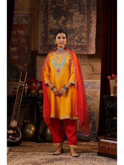 Scakhi - Mustard Dupion Silk Dori Embroidered Anarkali with Salwar and Dupatta