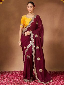 Sareemall - Women Vichitra Silk Maroon Saree With Unstitched Blouse