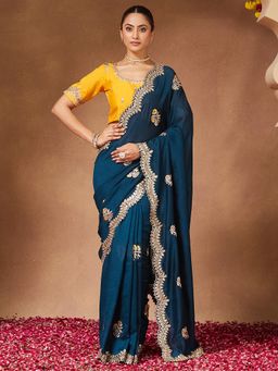 Sareemall - Women Vichitra Silk Teal Blue Saree With Unstitched Blouse