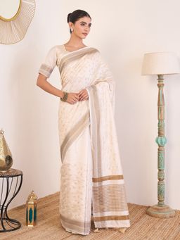 Sareemall - Women Linen Cream Woven Design Designer Saree With Unstitched Blouse