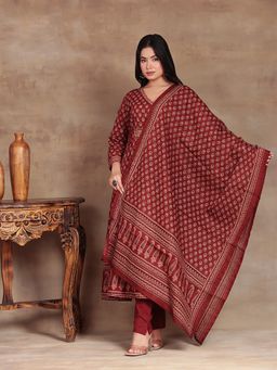 Aravalii - Maroon Crimson Bloom Anarkali Kurta and Pant with Dupatta