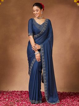 Sareemall - Women Georgette Teal Blue Saree With Unstitched Blouse