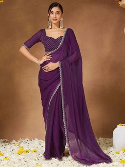 Sareemall - Women Georgette Purple Saree With Unstitched Blouse