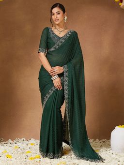 Sareemall - Women Georgette Green Saree With Unstitched Blouse