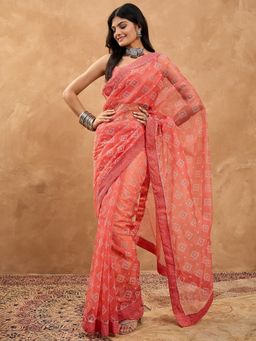 Sareemall - Women Organza Peach Printed Designer Saree With Unstitched Blouse