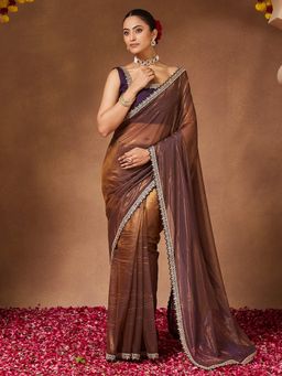Sareemall - Women Net Rust Saree With Unstitched Blouse