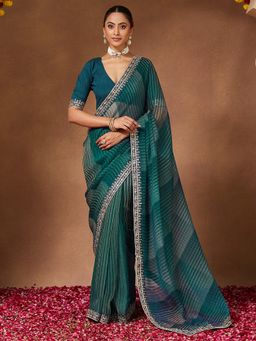 Sareemall - Women Jacquard Teal Green Saree With Unstitched Blouse