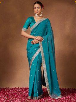 Sareemall - Women Vichitra Silk Light Blue Saree With Unstitched Blouse