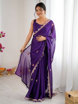 Sareemall - Women Georgette Purple Saree With Unstitched Blouse