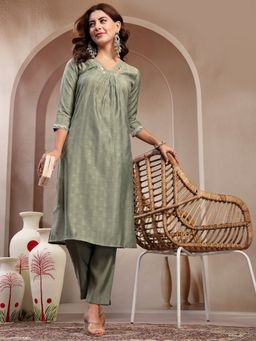 Indibelle - Self Design with Lace Work Green Silk Blend Kurta with Pant