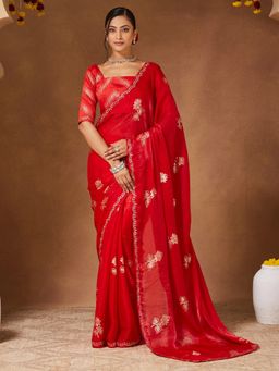 Sareemall - Women Georgette Red Saree With Unstitched Blouse