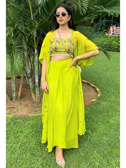 Label Kanupriya - Green Embroidered Crop Top with Draped Skirt and Jacket