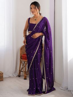 Mysilklove - Purple Embellished and Sequined Georgette Saree with Unstitched Blouse