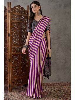 Mysilklove - Purple Stripes Satin Saree with Unstitched Blouse