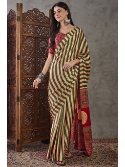 Mysilklove - Green Stripes Satin Saree with Unstitched Blouse