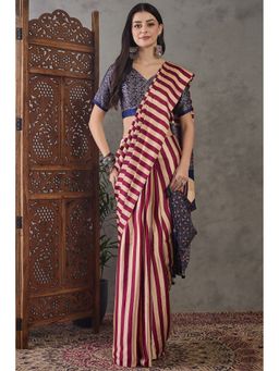 Mysilklove - Red Stripes Satin Saree with Unstitched Blouse