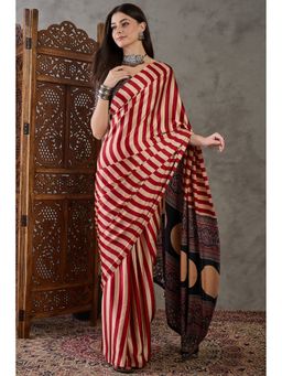 Mysilklove - Red Stripes Satin Saree with Unstitched Blouse