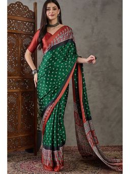 Mysilklove - Green Printed Satin Saree with Unstitched Blouse
