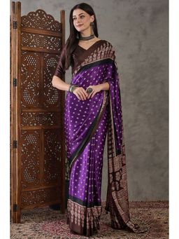 Mysilklove - Purple Printed Satin Saree with Unstitched Blouse