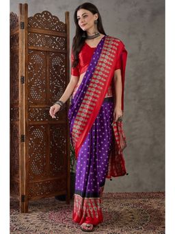 Mysilklove - Purple Printed Satin Saree with Unstitched Blouse