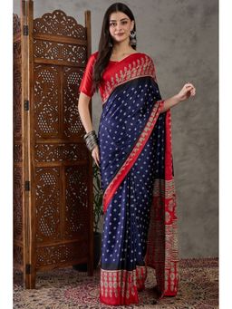 Mysilklove - Blue Printed Satin Saree with Unstitched Blouse