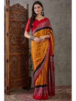 Mysilklove - Yellow Printed Satin Saree with Unstitched Blouse