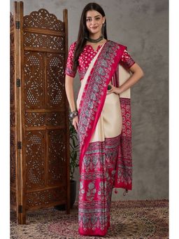 Mysilklove - Pink Printed Satin Saree with Unstitched Blouse