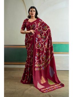 Mysilklove - Maroon Floral Satin Saree with Unstitched Blouse