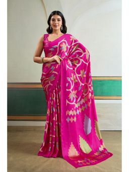 Mysilklove - Pink Floral Satin Saree with Unstitched Blouse