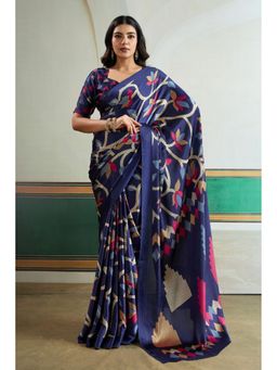 Mysilklove - Blue Floral Satin Saree with Unstitched Blouse