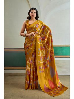 Mysilklove - Mustard Floral Satin Saree with Unstitched Blouse