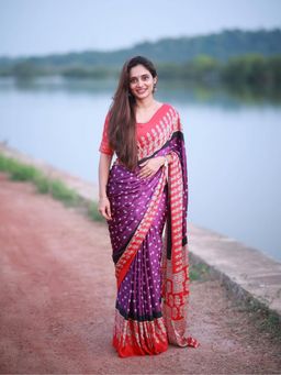 Mysilklove - Purple Printed Satin Saree with Unstitched Blouse