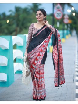 Mysilklove - Multi-Color Printed Satin Saree with Unstitched Blouse