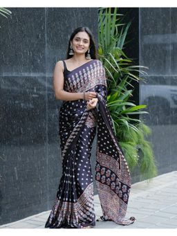 Mysilklove - Black Printed Satin Saree with Unstitched Blouse