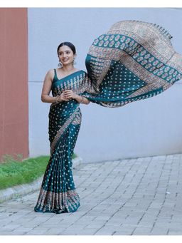 Mysilklove - Green Printed Satin Saree with Unstitched Blouse